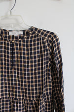 NEW LOFT Navy Gold & White Metallic Plaid Dress | XXS Petite