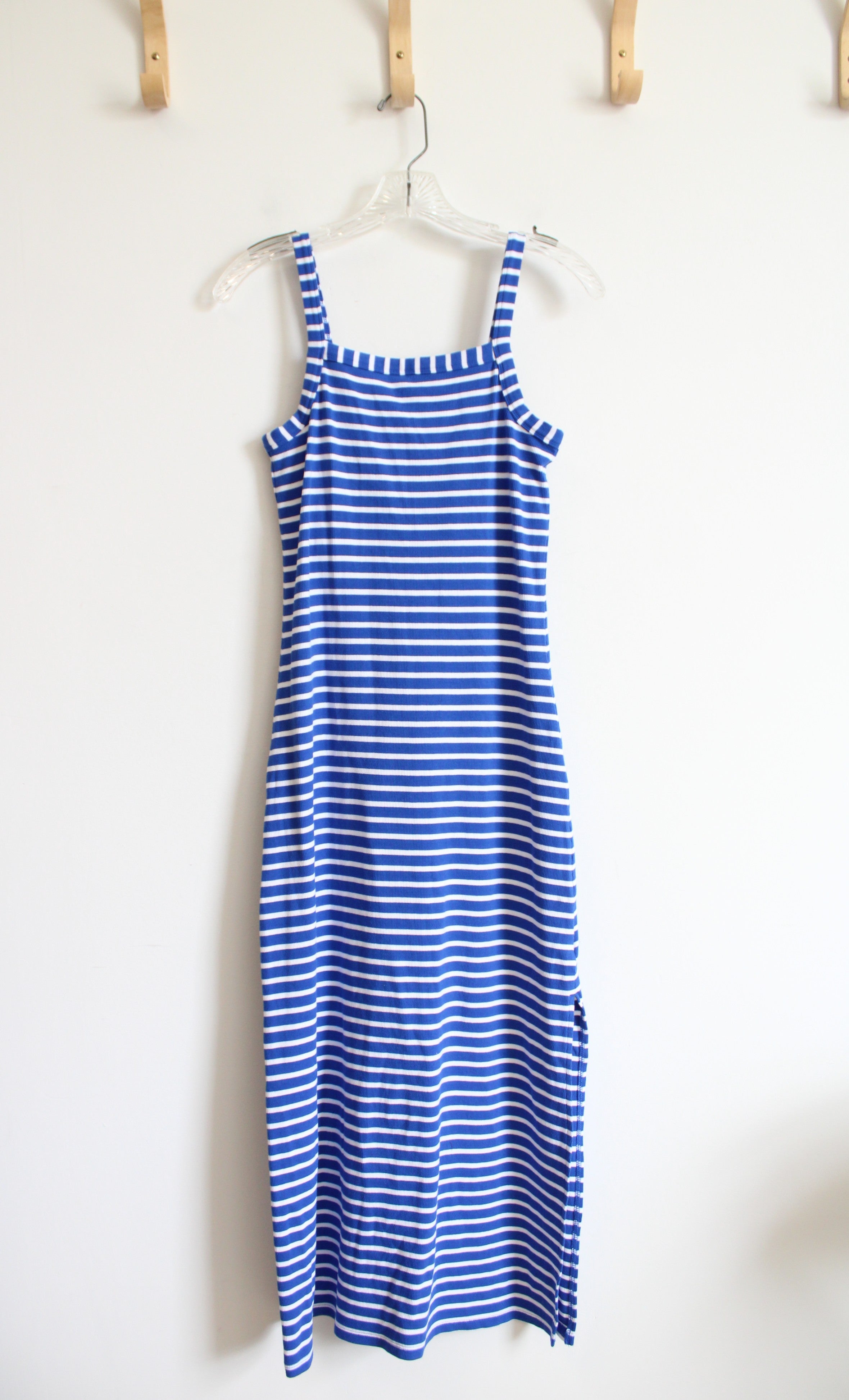 LOFT Blue & White Striped Ribbed Knit Fitted Dress