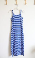 LOFT Blue & White Striped Ribbed Knit Fitted Dress | 0