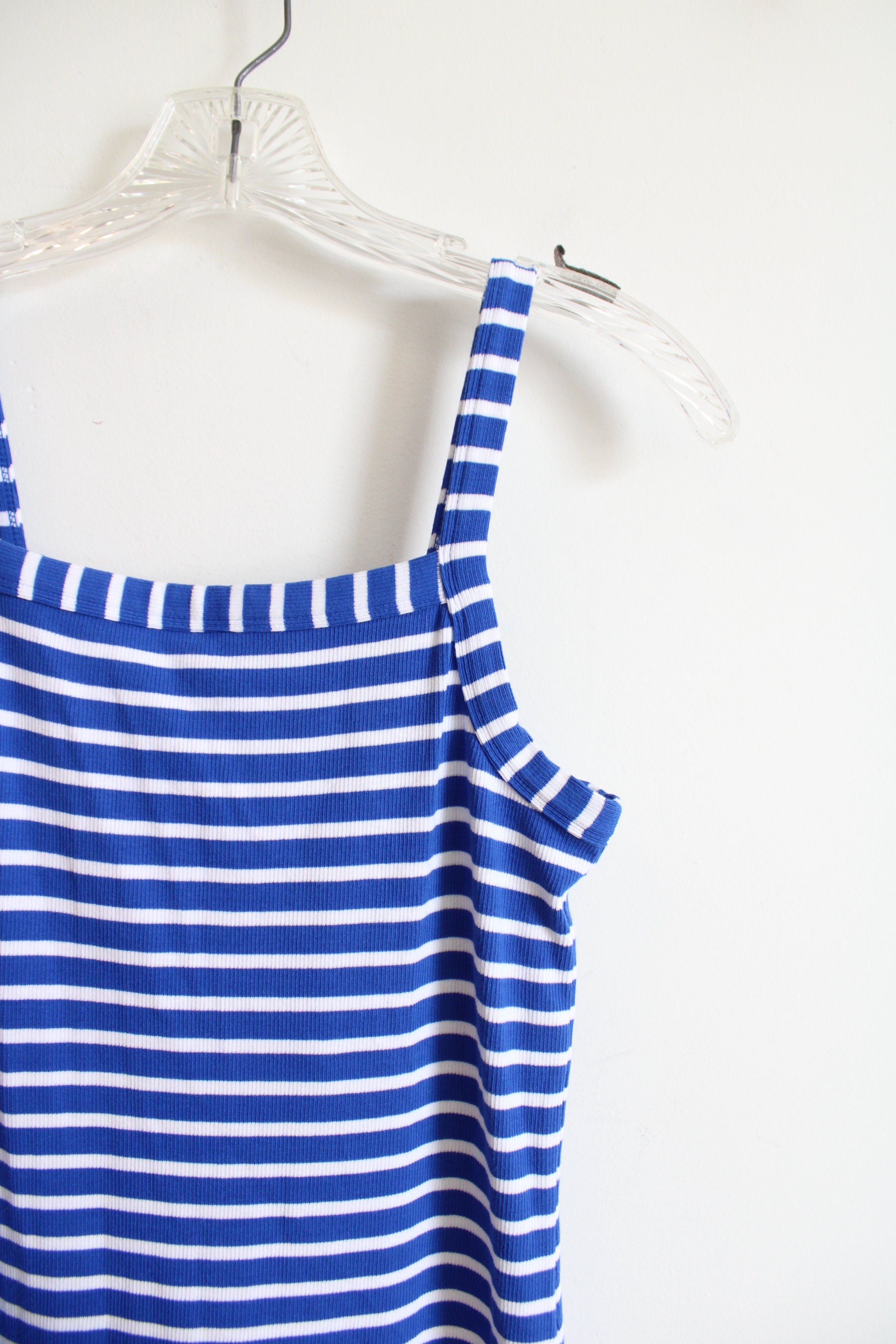 LOFT Blue & White Striped Ribbed Knit Fitted Dress
