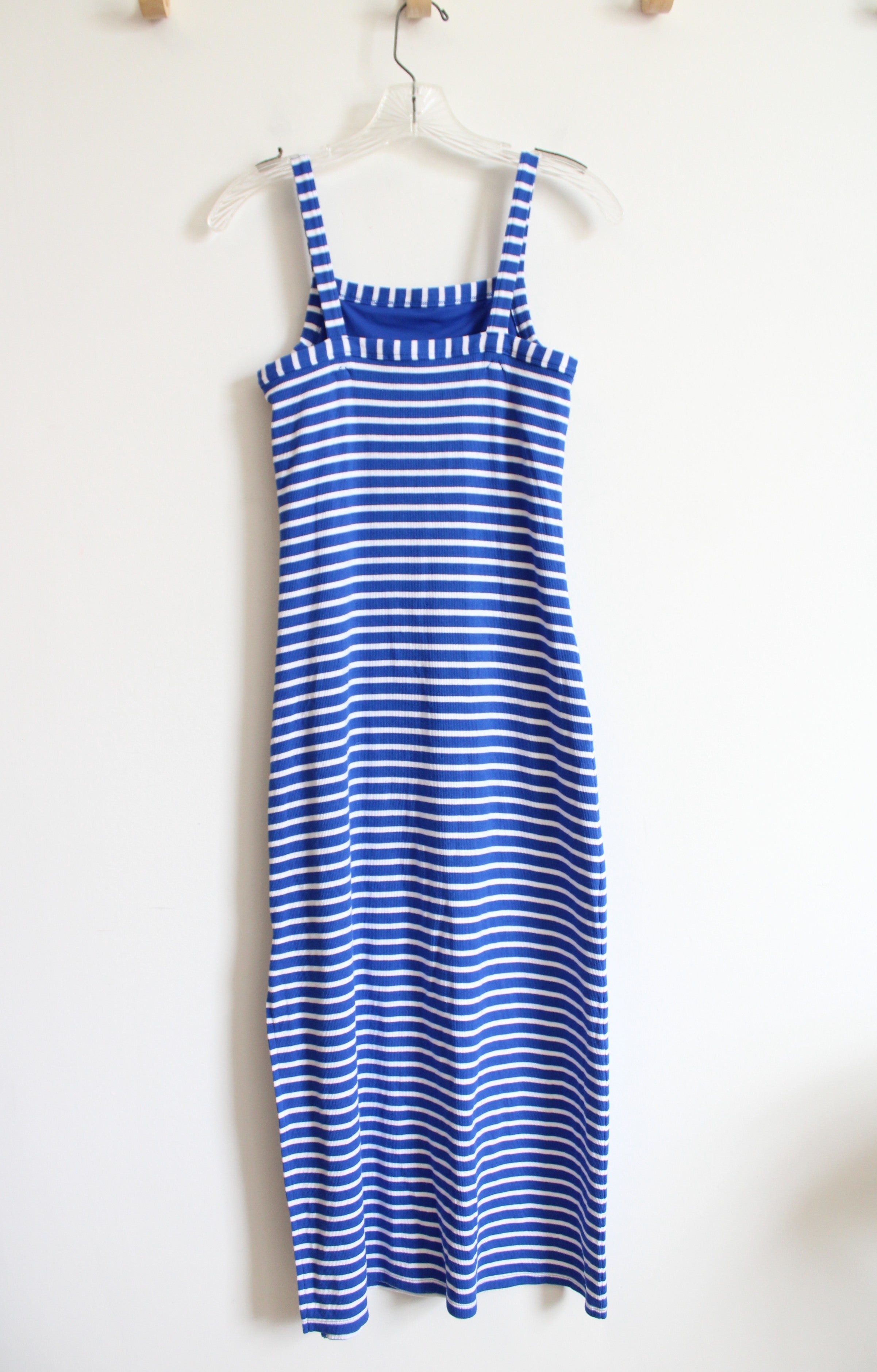 LOFT Blue & White Striped Ribbed Knit Fitted Dress