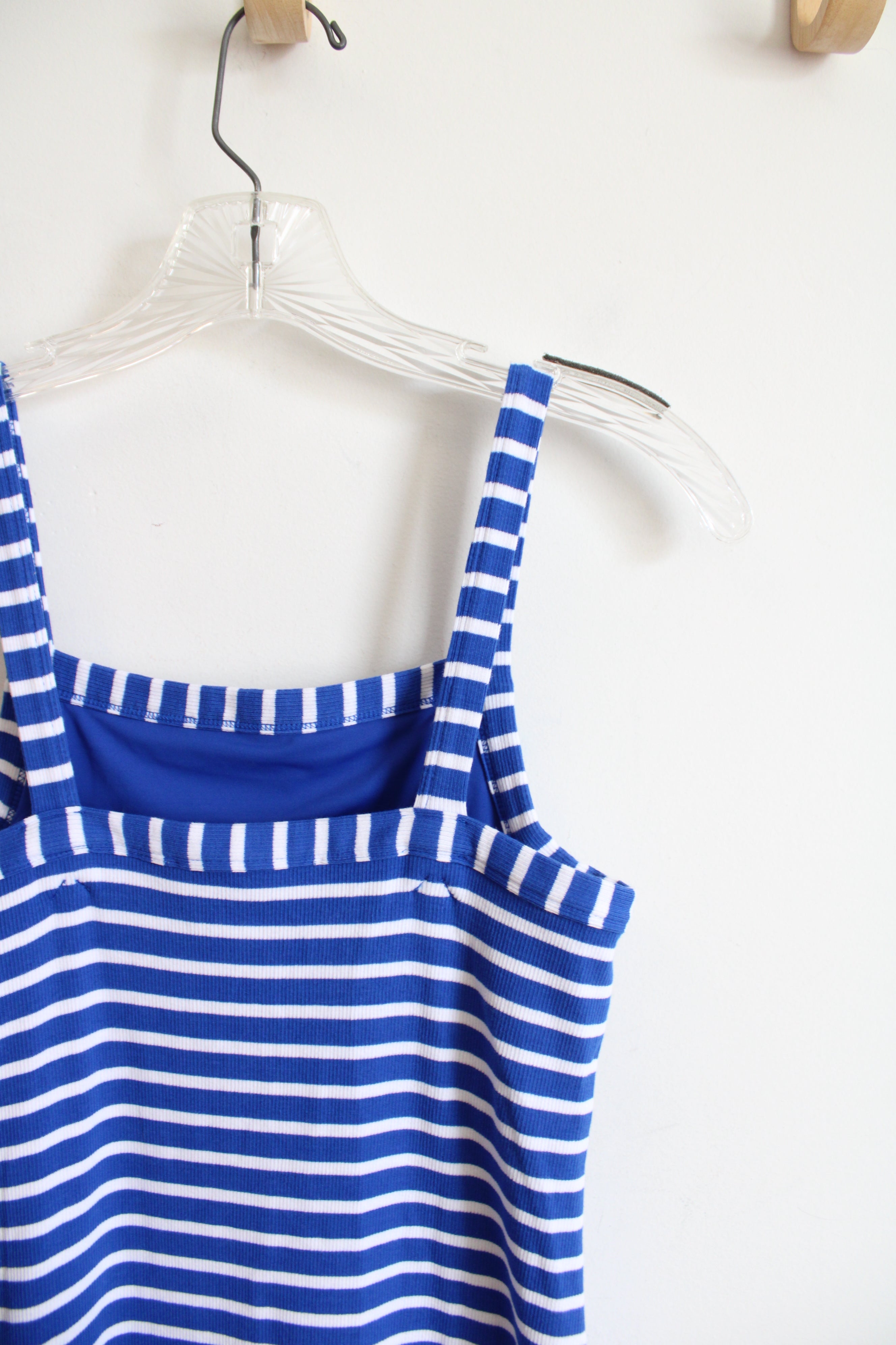 LOFT Blue & White Striped Ribbed Knit Fitted Dress