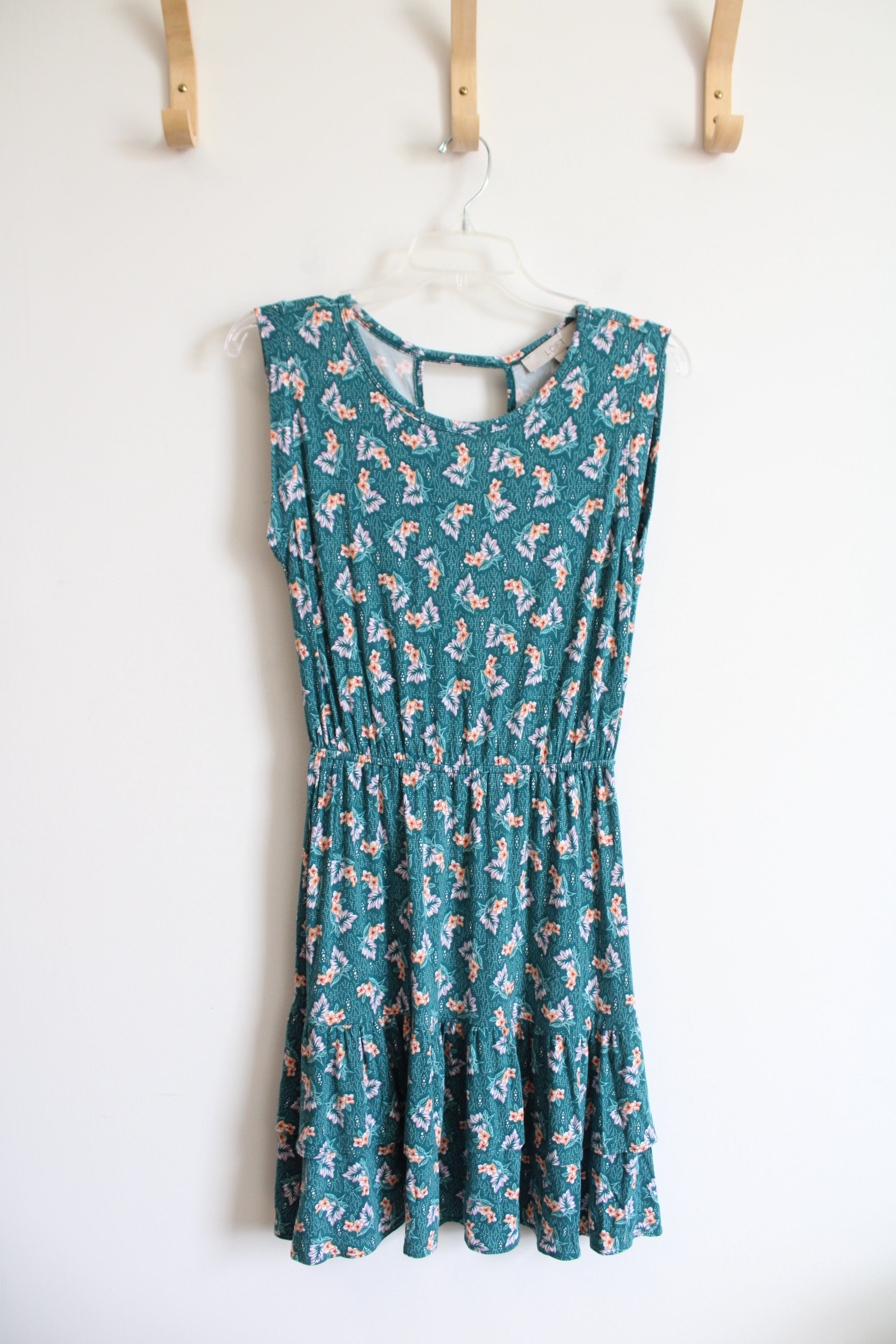 LOFT Teal Floral Ruffled Edge Dress | XS