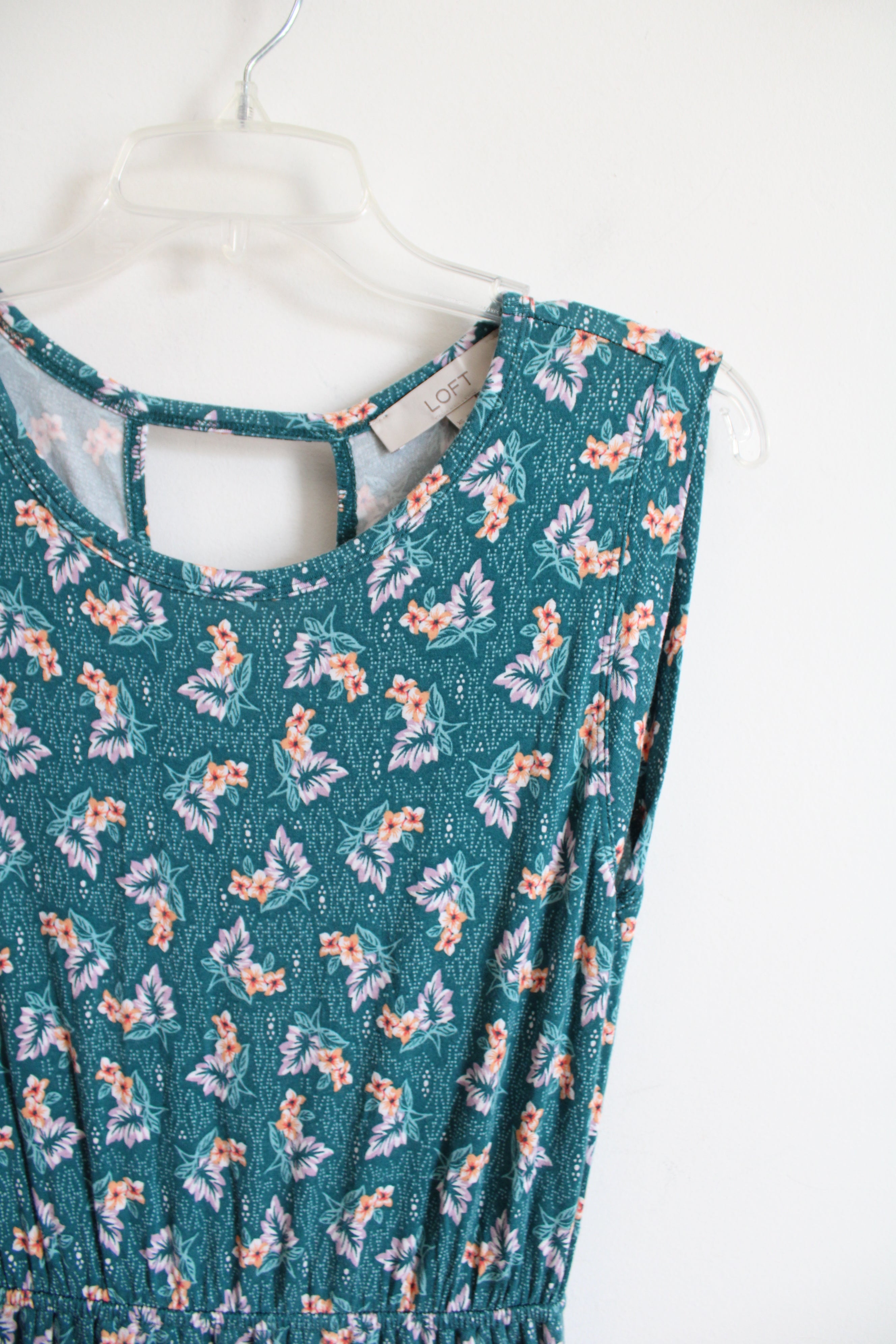 LOFT Teal Floral Ruffled Edge Dress | XS