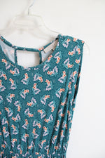 LOFT Teal Floral Ruffled Edge Dress | XS