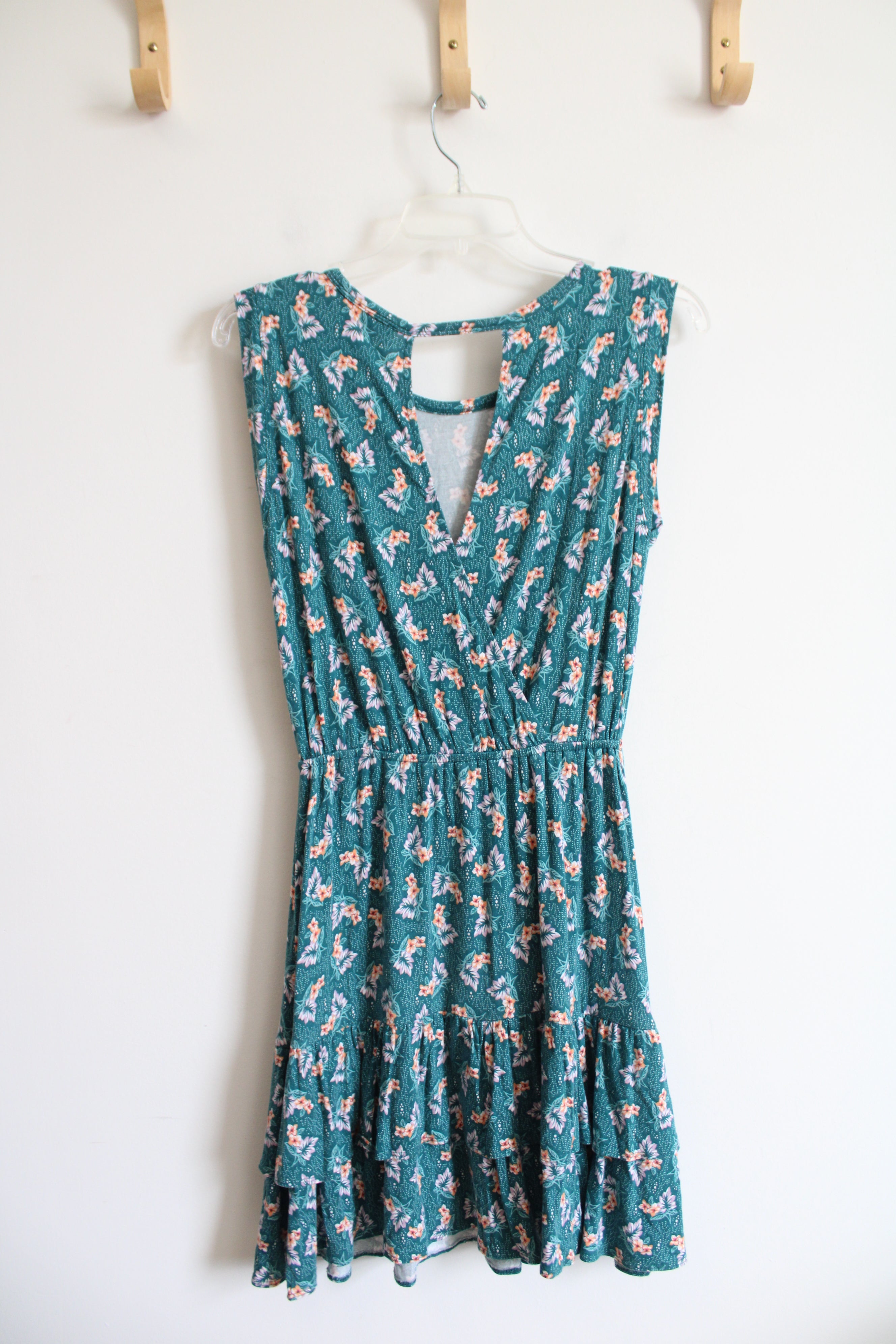 LOFT Teal Floral Ruffled Edge Dress | XS