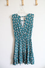 LOFT Teal Floral Ruffled Edge Dress | XS