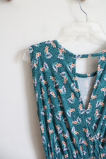 LOFT Teal Floral Ruffled Edge Dress | XS