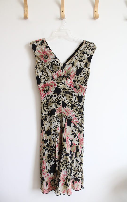 Jones New York Black Tan & Pink Floral Silk Pleated Dress | 6