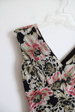 Jones New York Black Tan & Pink Floral Silk Pleated Dress | 6