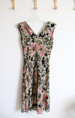 Jones New York Black Tan & Pink Floral Silk Pleated Dress | 6