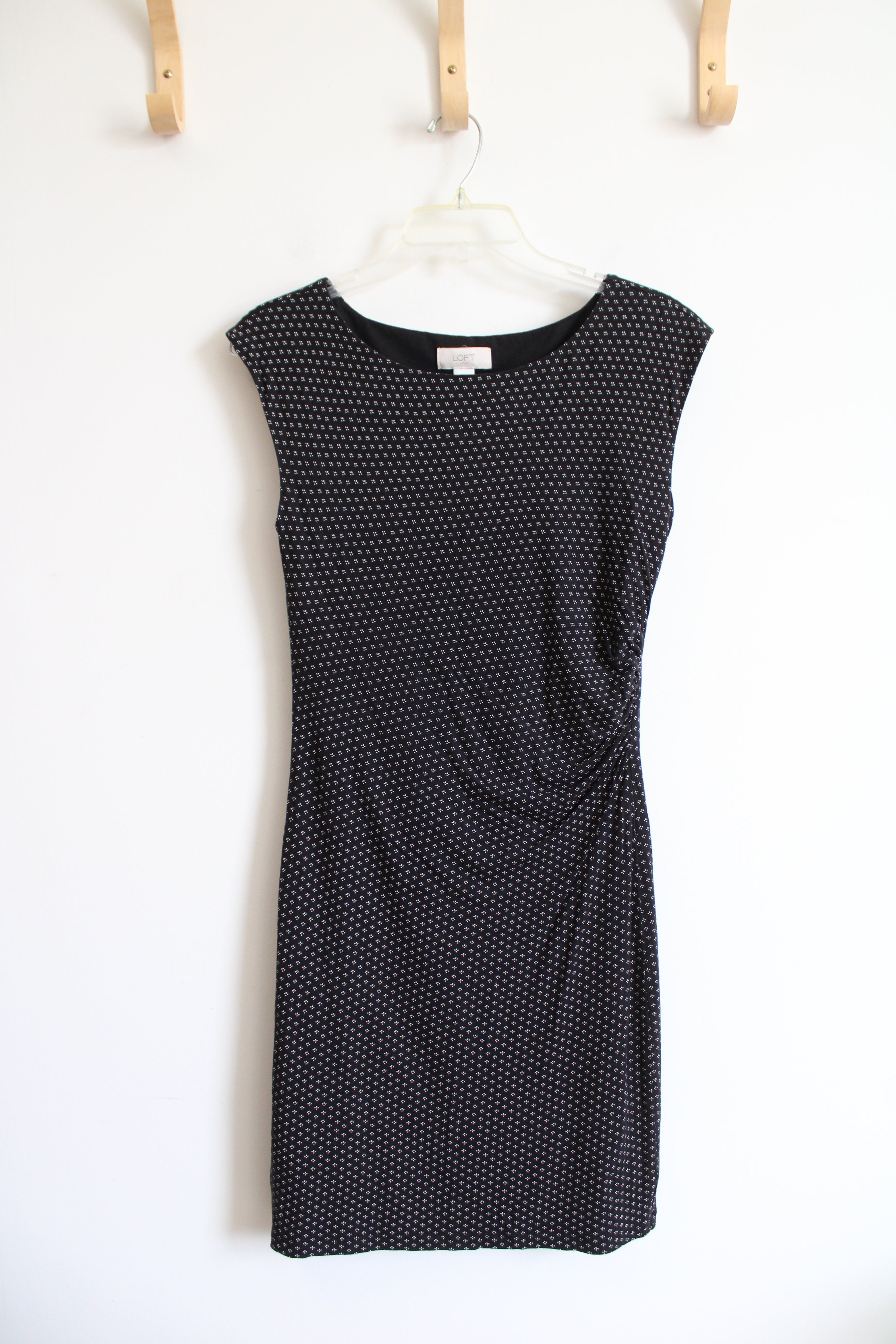 LOFT Black & White Patterned Side Ruched Dress | S