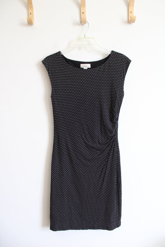 LOFT Black & White Patterned Side Ruched Dress | S