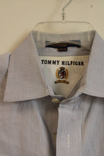 Tommy Hilfiger White with Dark and Light Blue Pinstripes Button Down Collared Shirt | 15 1/2