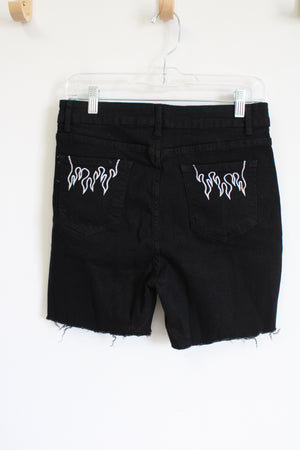 Shein Silver Flame Embroidered Pocket Black Cut Off Shorts | L (8-10)