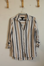 Tahari Navy and Tan Striped Button up Top | S