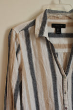Tahari Navy and Tan Striped Button up Top | S