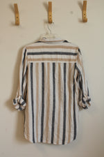 Tahari Navy and Tan Striped Button up Top | S
