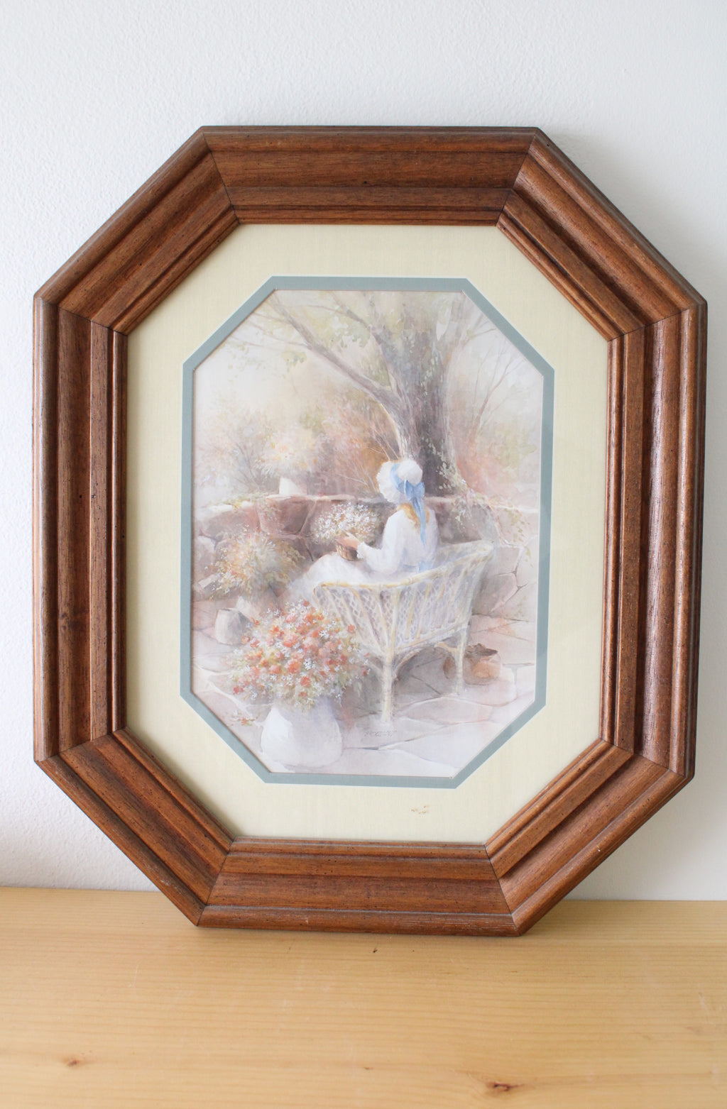 Blue Bonnet Bow Girl White Wicker Chair Wooden Octagon Framed Picture | 17X14"