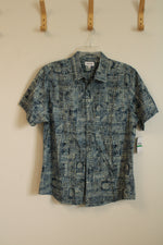 NEW Haggar Blue and Tan Printed Short Sleeve Button-down shirt | L