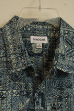 NEW Haggar Blue and Tan Printed Short Sleeve Button-down shirt | L