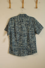 NEW Haggar Blue and Tan Printed Short Sleeve Button-down shirt | L