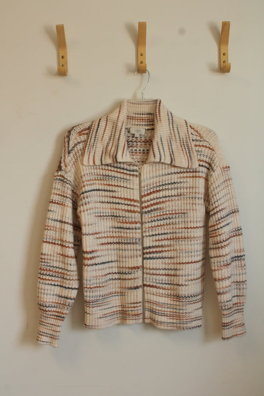 Loft Tan and Blue Zip-up Knit Sweater | M