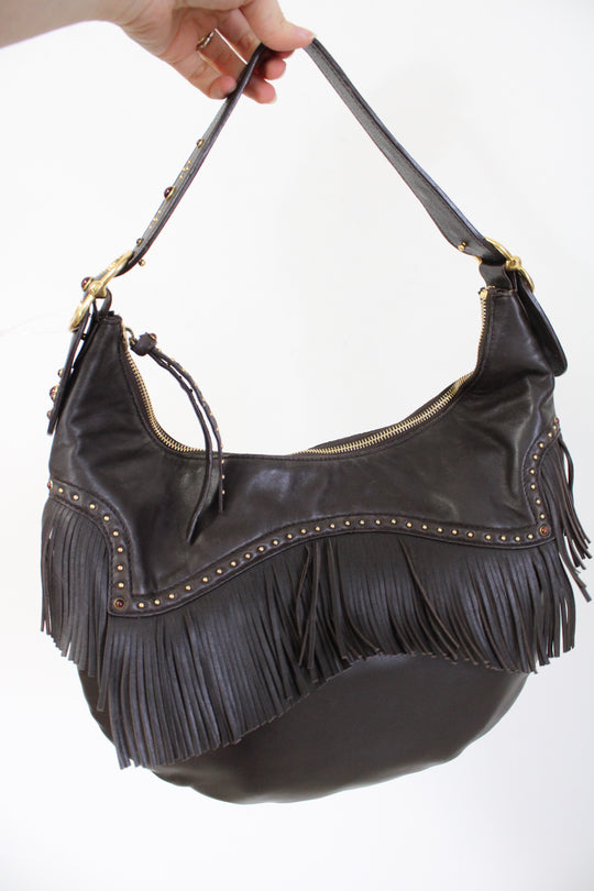NEW MICHAEL Michael Kors Brown Soft Leather Fringe & Studs Hobo Bag