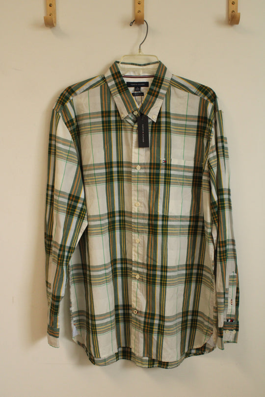 NEW Tommy Hilfiger White Green and Yellow Plaid Long Sleeve Button-Down Shirt | XL