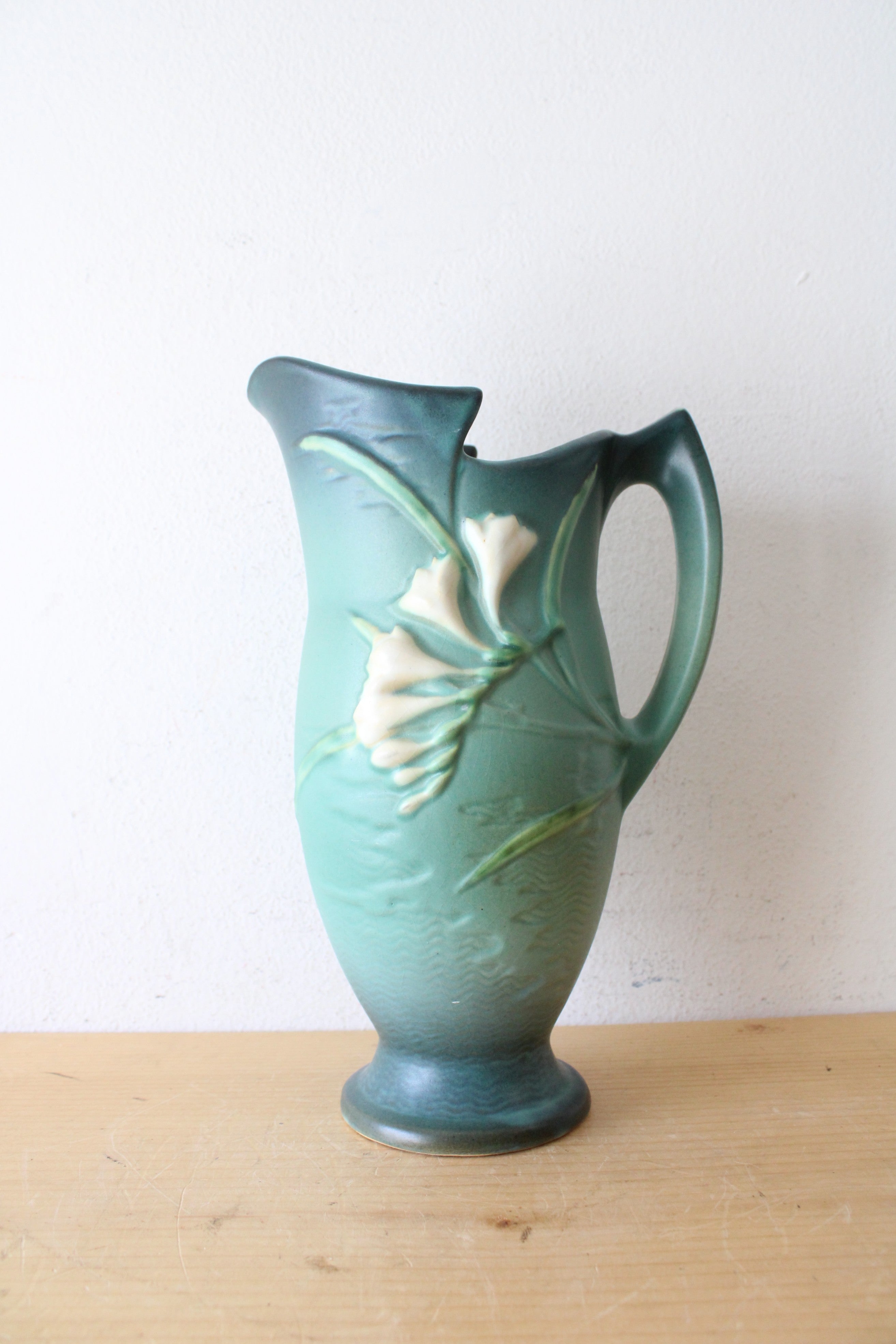 Vintage Roseville Pottery Freesia Dark Teal Ceramic Pitcher