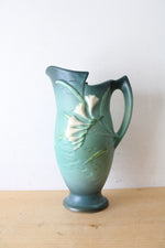 Vintage Roseville Pottery Freesia Dark Teal Ceramic Pitcher