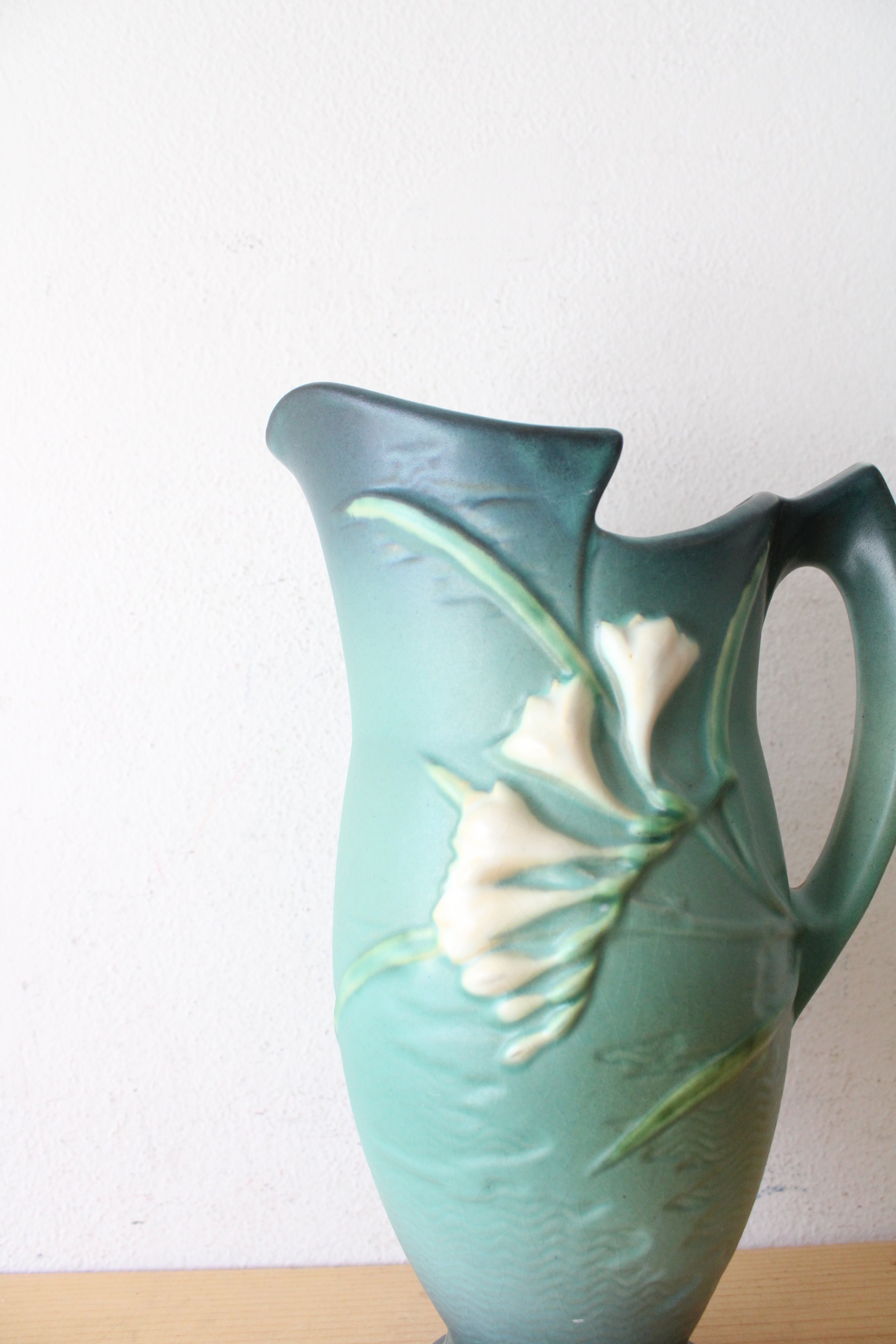Vintage Roseville Pottery Freesia Dark Teal Ceramic Pitcher