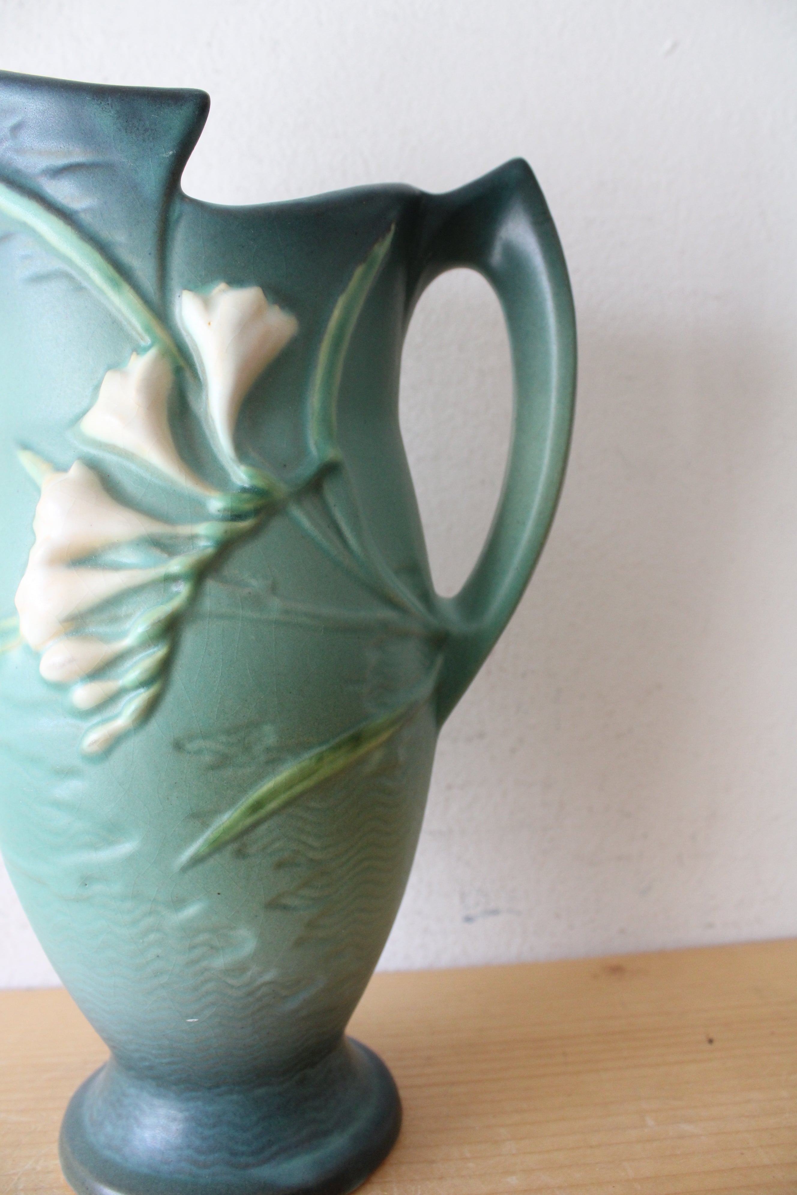 Vintage Roseville Pottery Freesia Dark Teal Ceramic Pitcher