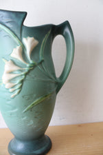Vintage Roseville Pottery Freesia Dark Teal Ceramic Pitcher