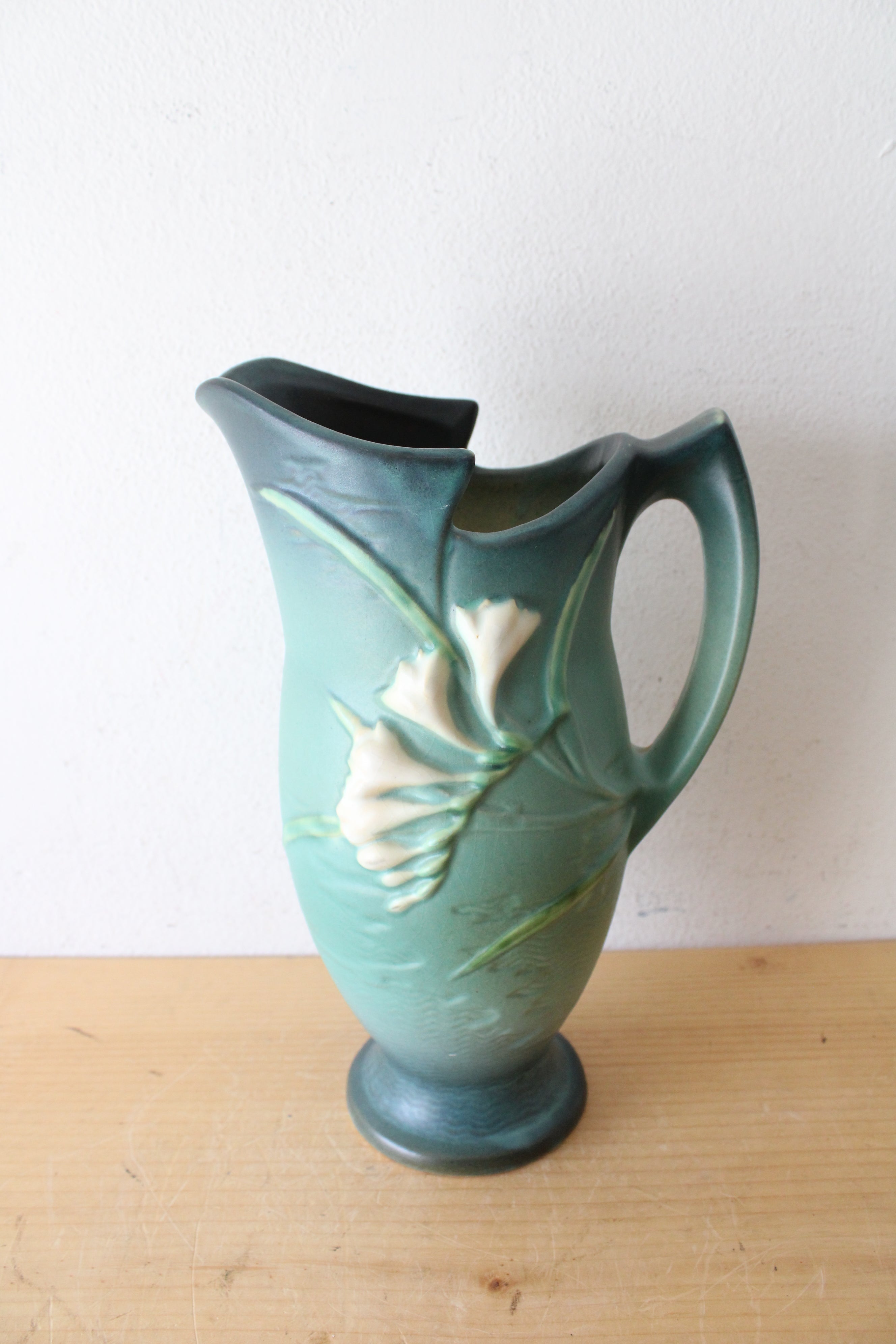 Vintage Roseville Pottery Freesia Dark Teal Ceramic Pitcher