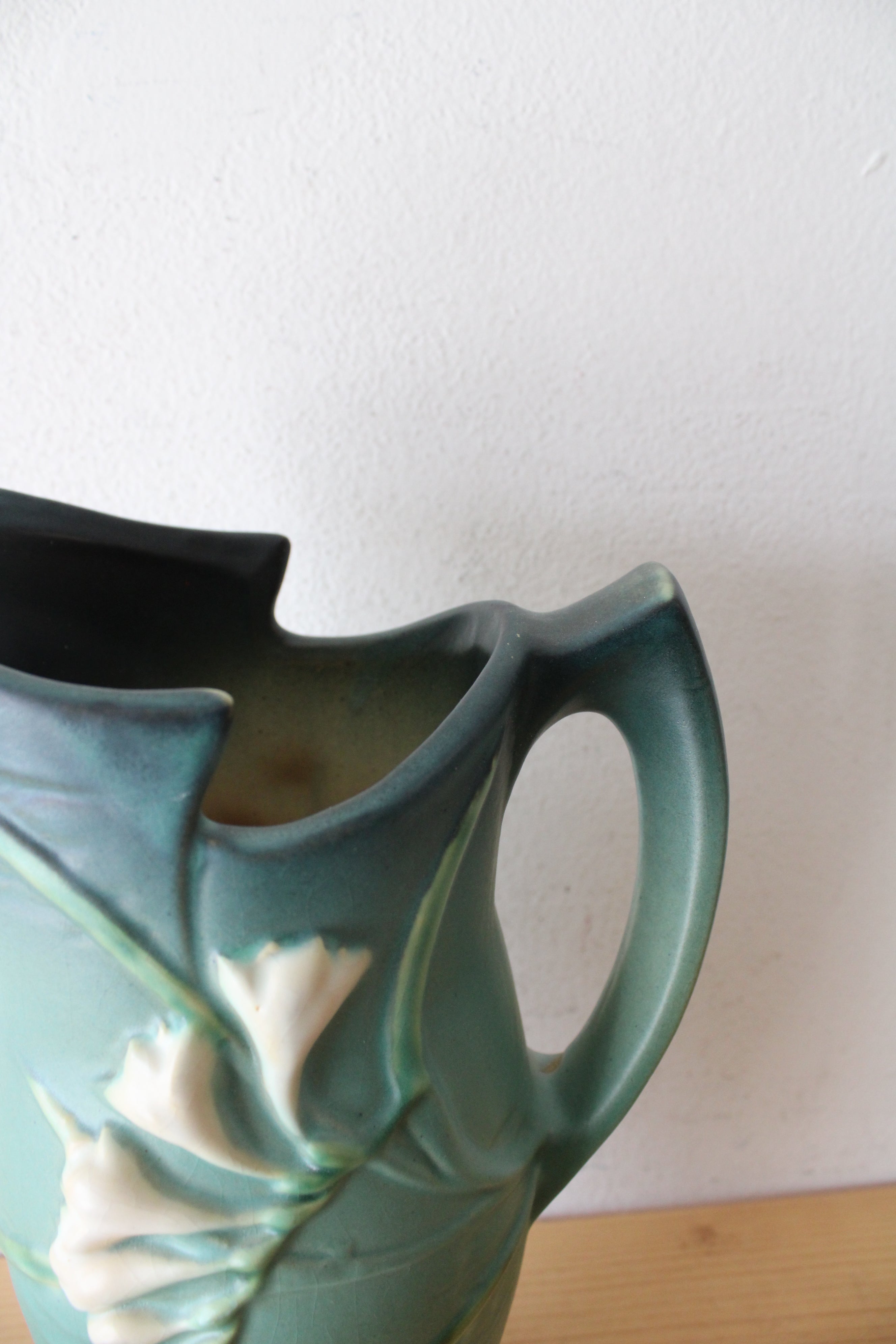 Vintage Roseville Pottery Freesia Dark Teal Ceramic Pitcher