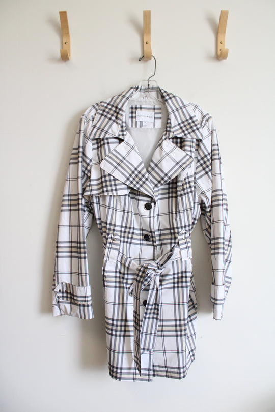 Fashion Bug White Gray & Tan Plaid Trench Coat | 1X