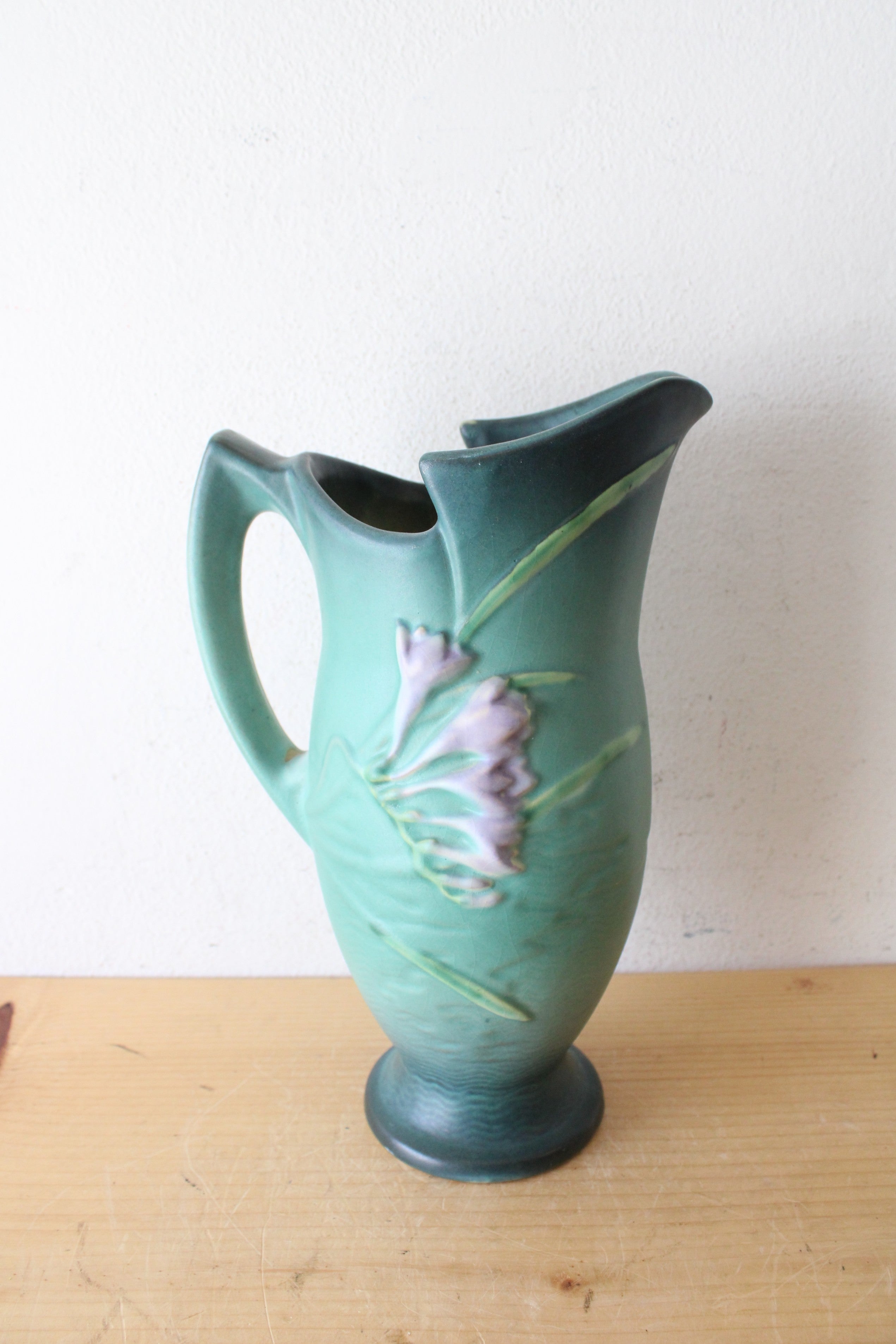 Vintage Roseville Pottery Freesia Dark Teal Ceramic Pitcher