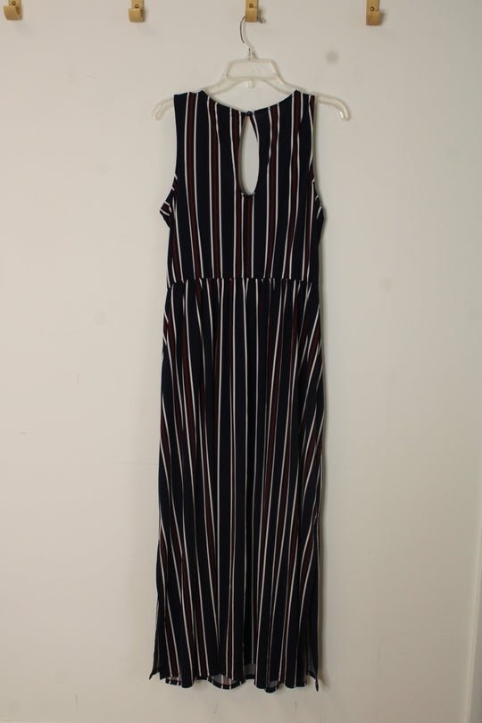 Wrapper Blue and Burgundy Striped Dress with Grommet Waist Tie | XL