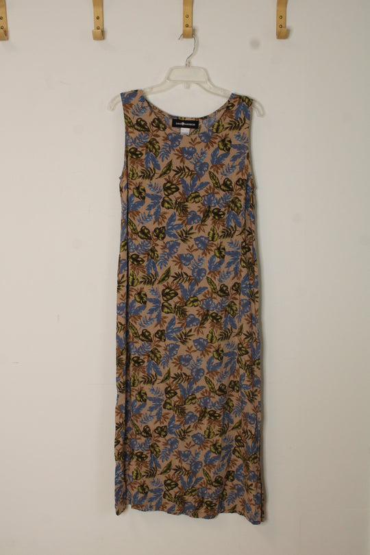 Sag Harbor Tan and Blue Floral Sleeveless Dress | M