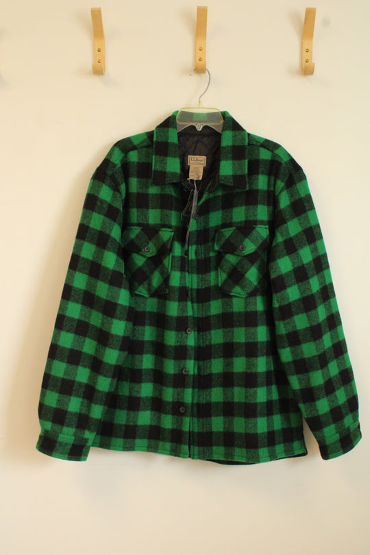 NEW LL Bean Green and Black Plaid Wool Button Down Collared Jacket | LT