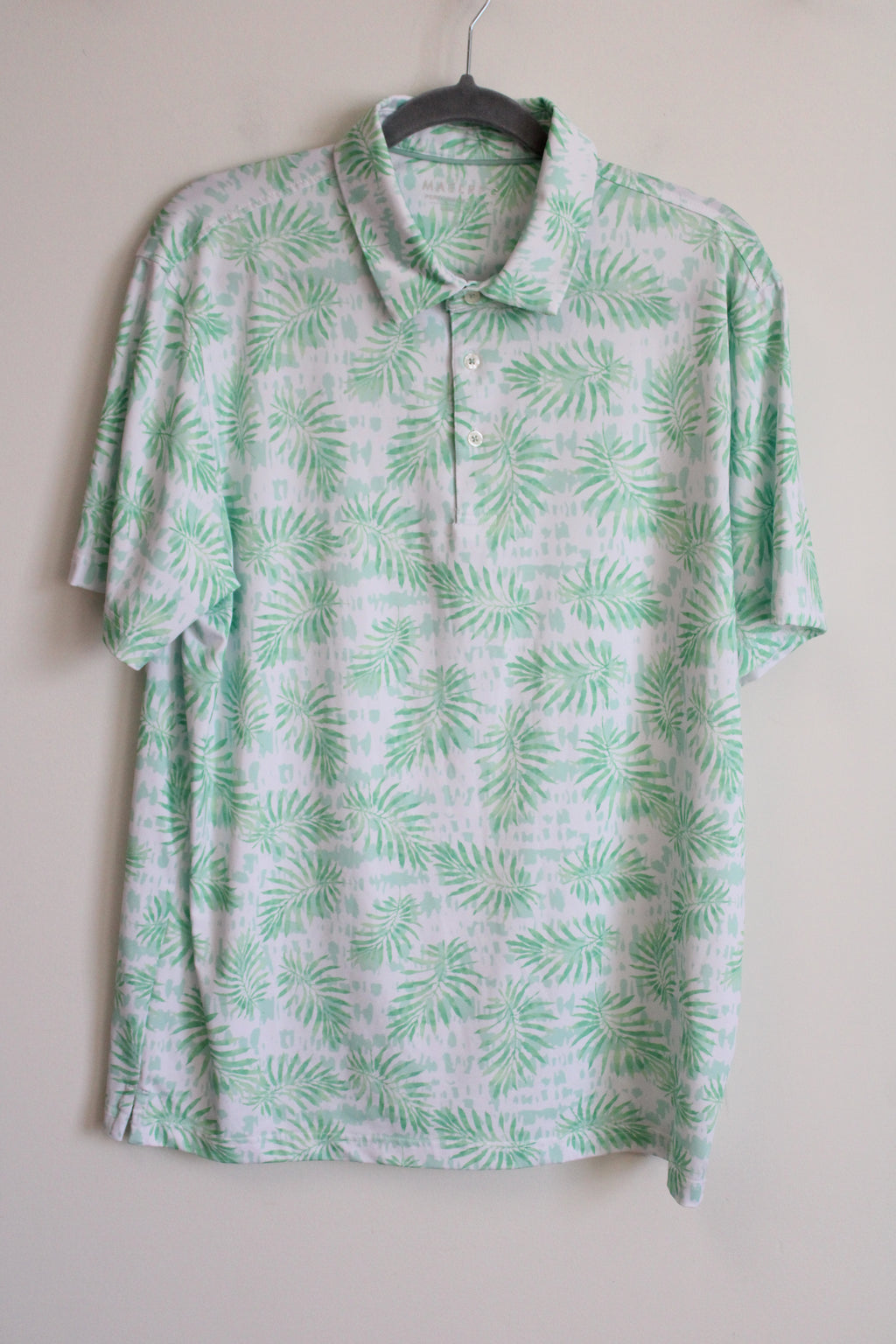 Maelreg White Green Tropical Leaf Print Polo Shirt | L