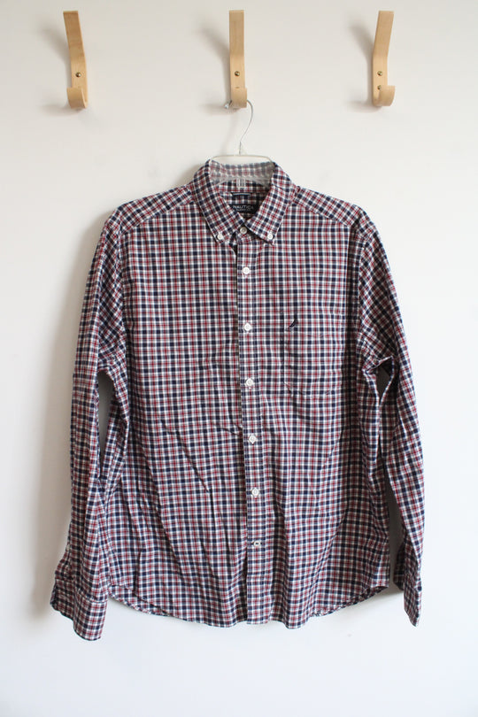 Nautica Classic Fit Red White & Blue Plaid Button Down Shirt | L