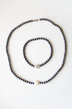 Genuine Black Pearl Ivory Flower Accent Necklace & Bracelet Set
