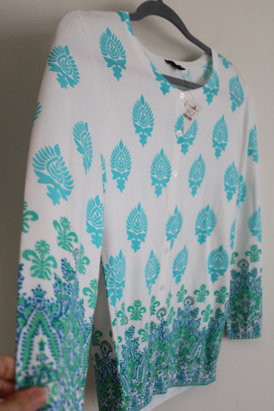 NEW Talbots Blue Green White Patterned Knit Cardigan | M