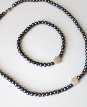 Genuine Black Pearl Ivory Flower Accent Necklace & Bracelet Set