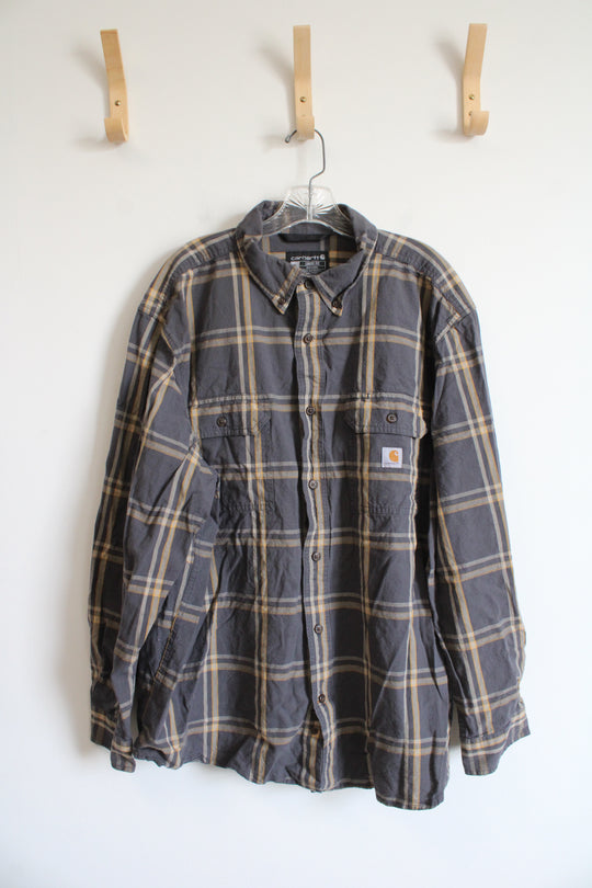 Carhartt Loose Fit Gray & Yellow Plaid Button Down Shirt | XL
