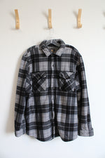 Freedom Foundry Gray & Black Plaid Sherpa Lined Fleece Button Down Shacket | XL