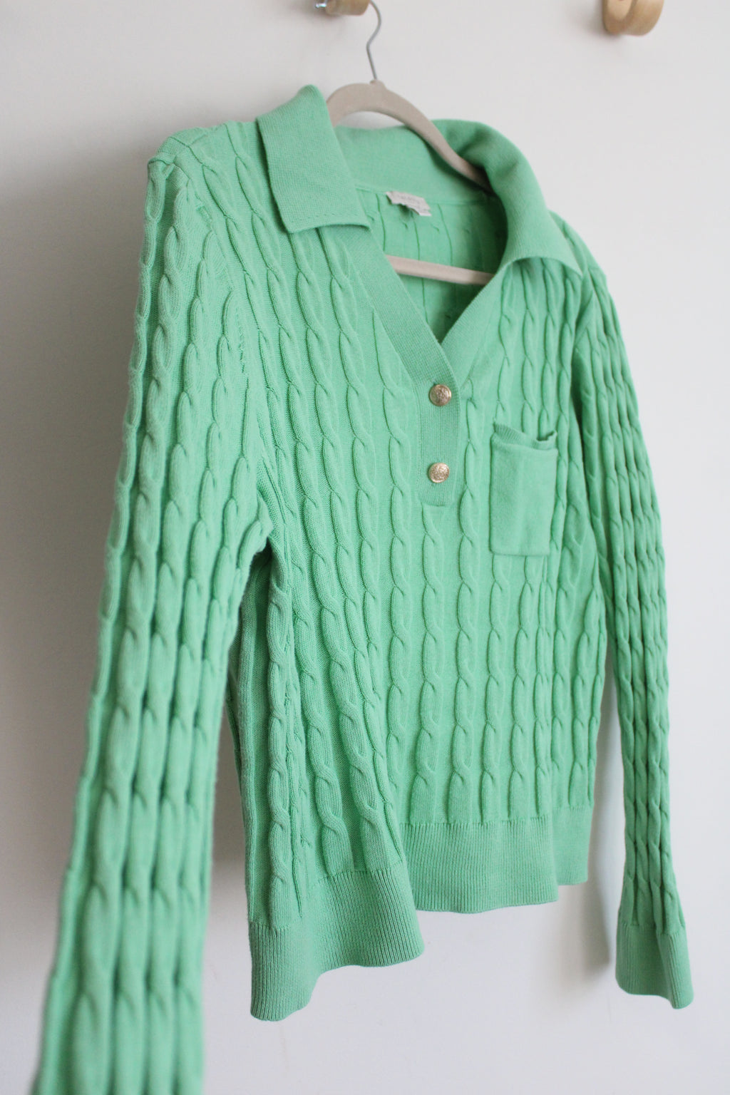 Talbots Green Cable Kit Cotton Collared Sweater | L