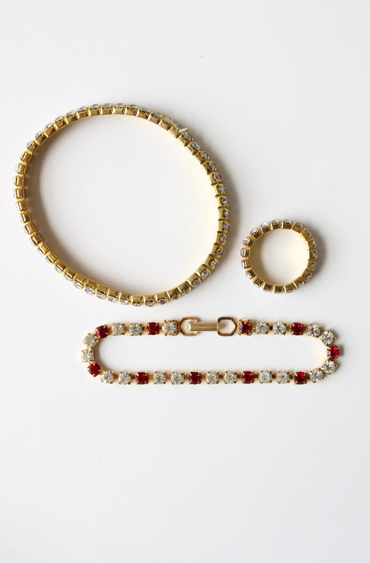 Ruby Red & Clear Rhinestone Gold Vintage Bracelet & Ring Set
